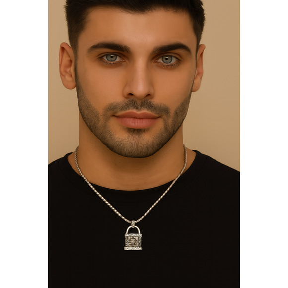 Stigma Padlock Pendant Necklace Silver Tone Rope Chain Rhinestone Gothic - Picture 1 of 8